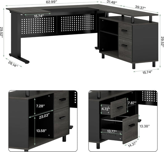 63 Inch Executive Desk With Integrated Cabinet Gray
