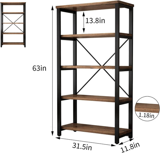 5 Tier Industrial Solid Wood Bookcase With Metal Frame