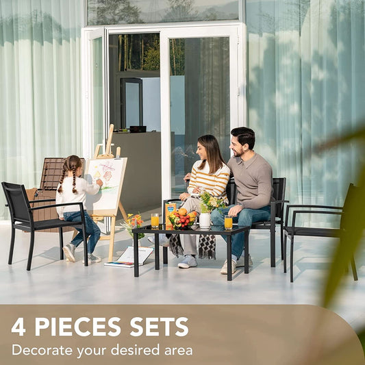 4 Piece Outdoor Patio Set With Glass Table Black Durable
