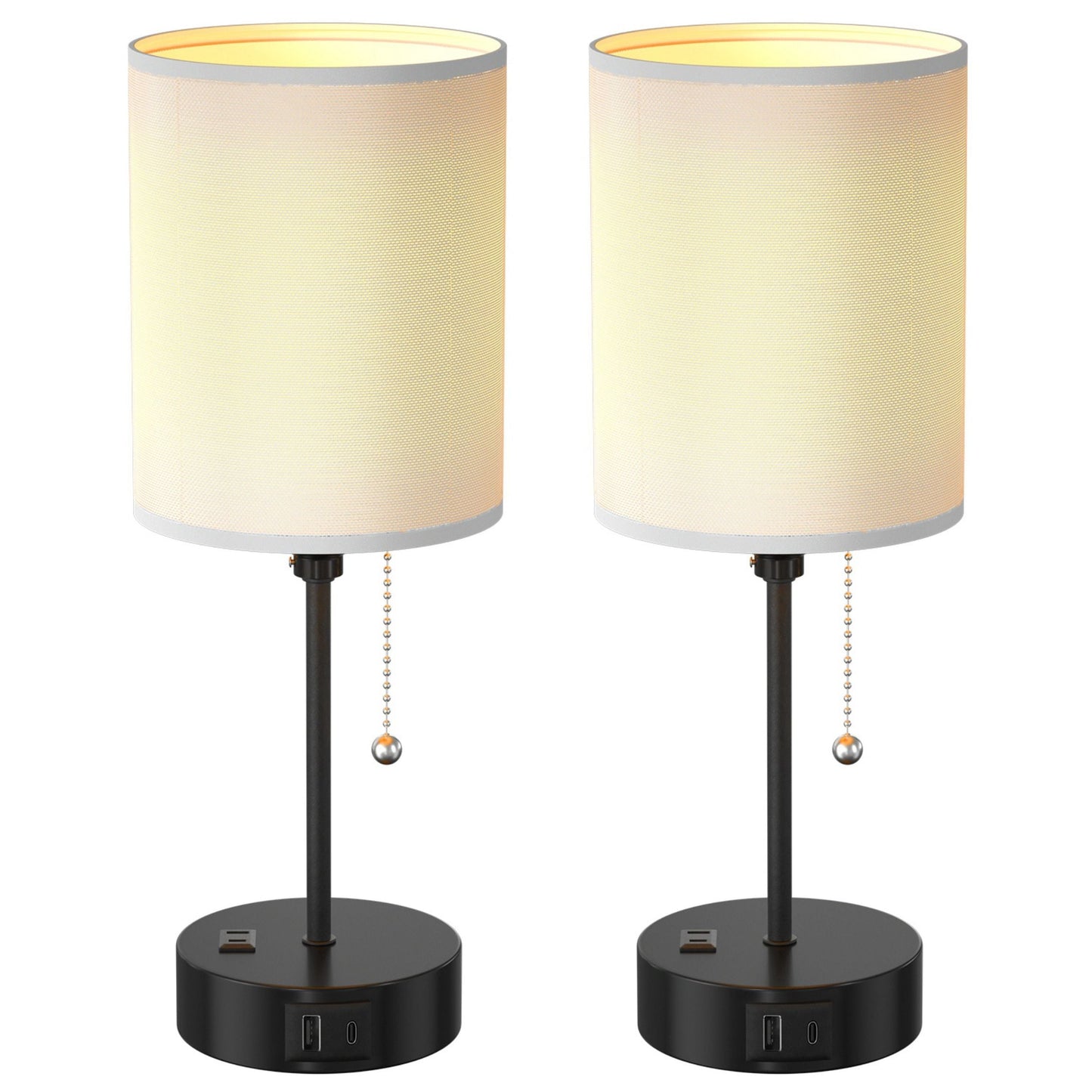 2Pcs Bedroom Lamps, 3 Color Modes, USB C+A Output, Pull Chain, E26 Bulb Light