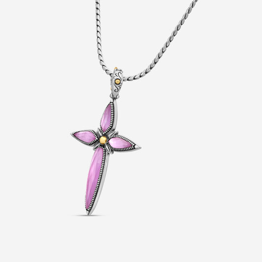 "KONSTANTINO - ""Gen K 2"" Sterling Silver & 18k Yellow Gold, Pink Corundum Cross (COR: 11.35mm x25mm 4&5mm) - STKJ424-652 Pendant Dimensions: 2.25 x 0.38 in. S/S Chain Included:CHKJ22-131-18 (Length - 18in.)"