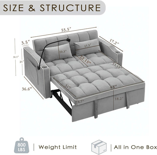 Grey Convertible Sleeper Loveseat Bed With ThreeInOne