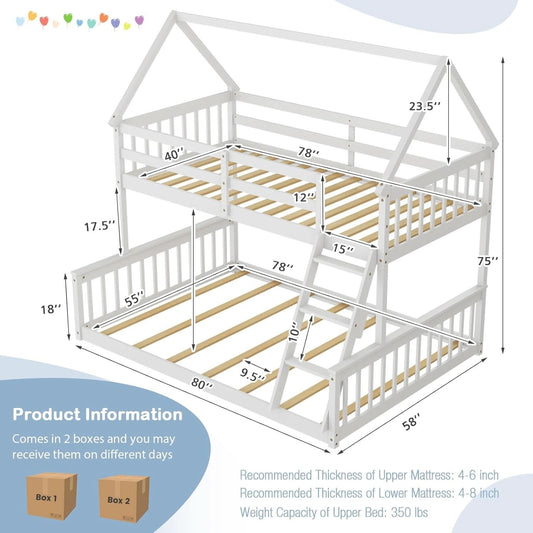 Solid Wood Twin Over Full Bunk Bed White With Guardrails