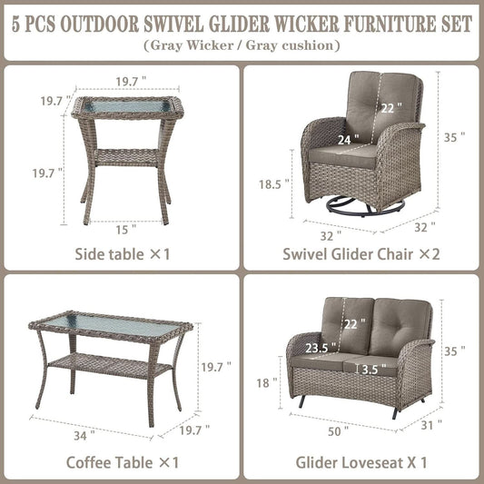 5 Piece Outdoor Patio Set Gray Wicker Swivel Rockers