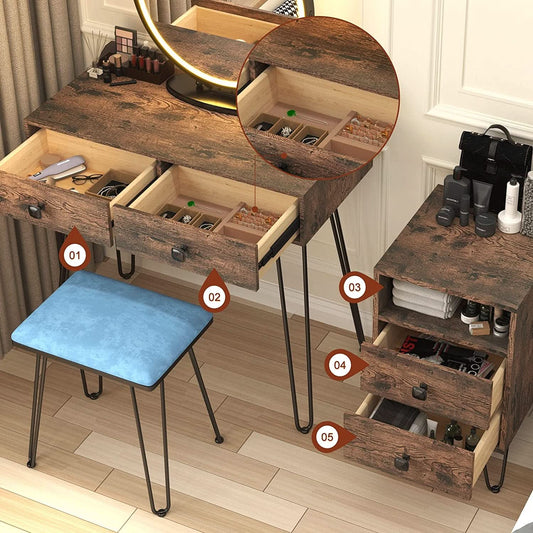 Vanity Desk Set With Drawers And LED Lighted Mirror