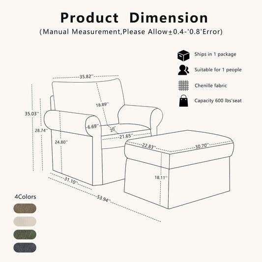 Gray 35 Inch Accent Chair With Ottoman And Chaise Lounge