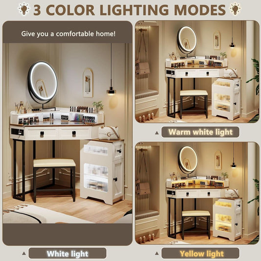 White Corner Vanity Mirror With Built In Charging Station