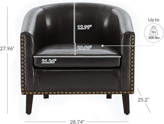 Espresso Brown Faux Leather Barrel Chair Nailhead Trim