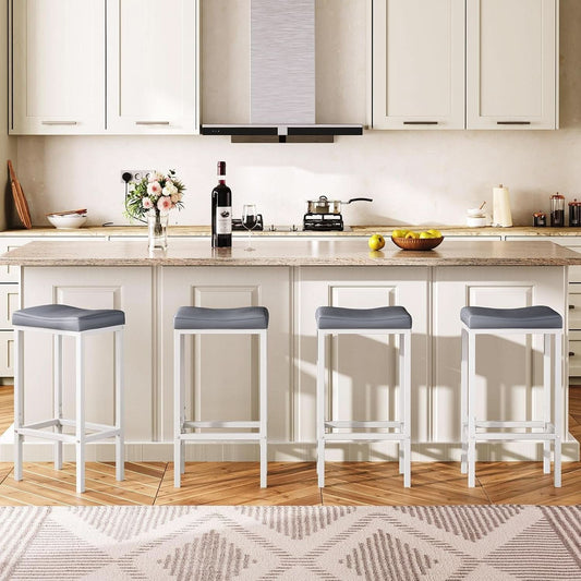 Saddle Bar Stools Set of 2, 24.8 Inches, White and Gray
