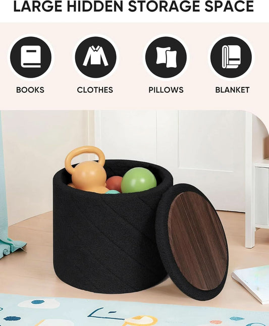 Luxurious Black Boucle Storage Ottoman 12 In Diameter Tray