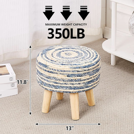 Round Seagrass Ottoman Footstool Handwoven Natural Blue