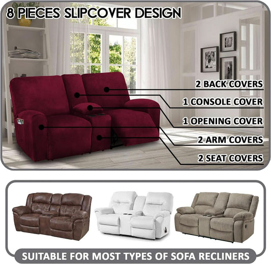 Burgundy Velvet Reclining Loveseat Slipcover Set 2 Seater Machine Washable