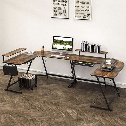Vista Rustic Brown L Shaped Desk With Monitor Stand