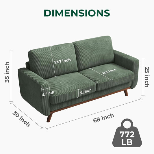 Comfy Green Corduroy Loveseat Sofa with Solid Wood Frame
