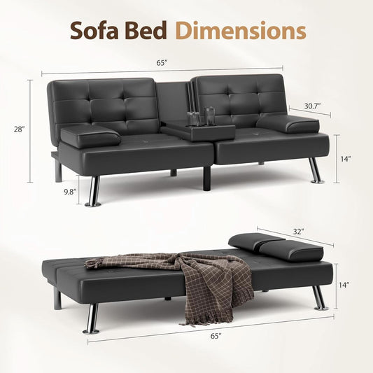Convertible Futon Sofa Bed with Adjustable Backrest and Cup Holders
