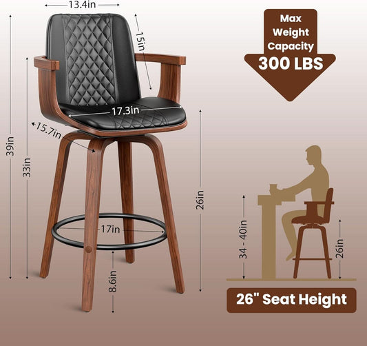 Set Of 3 26 Inch Bar Stools Black PU Leather Upholstery