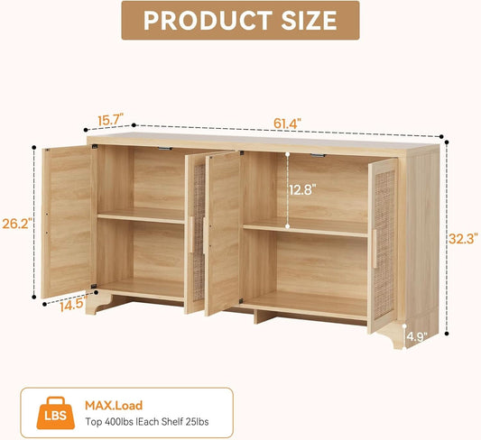 Natural Rattan Four Door Sideboard Cabinet Engineered Wood