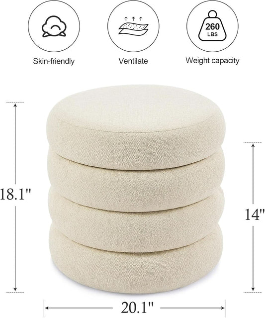 Beige Linen Upholstered Round Storage Ottoman Removable Lid