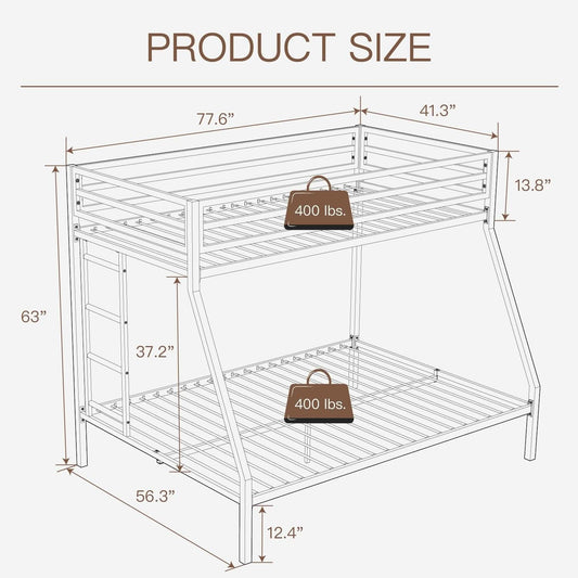 Metal Loft Bunk Bed Twin Over Full Size With Guardrail And Ladder Cream White