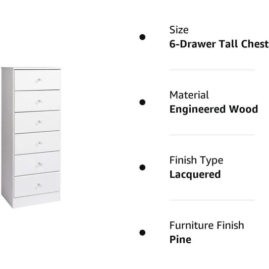 6-Drawer Tall Chest Dresser With Acrylic Knobs Solid Wood