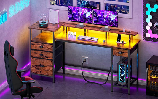 60 Inch Computer Desk With Storage Drawers And LED Lights