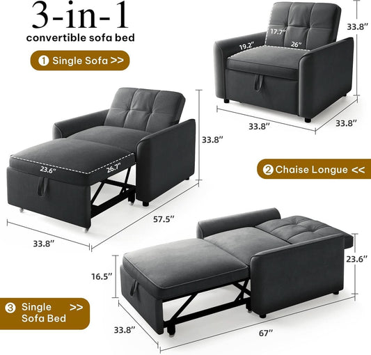 Convertible Sofa Bed Chair Gray Velvet Upholstered
