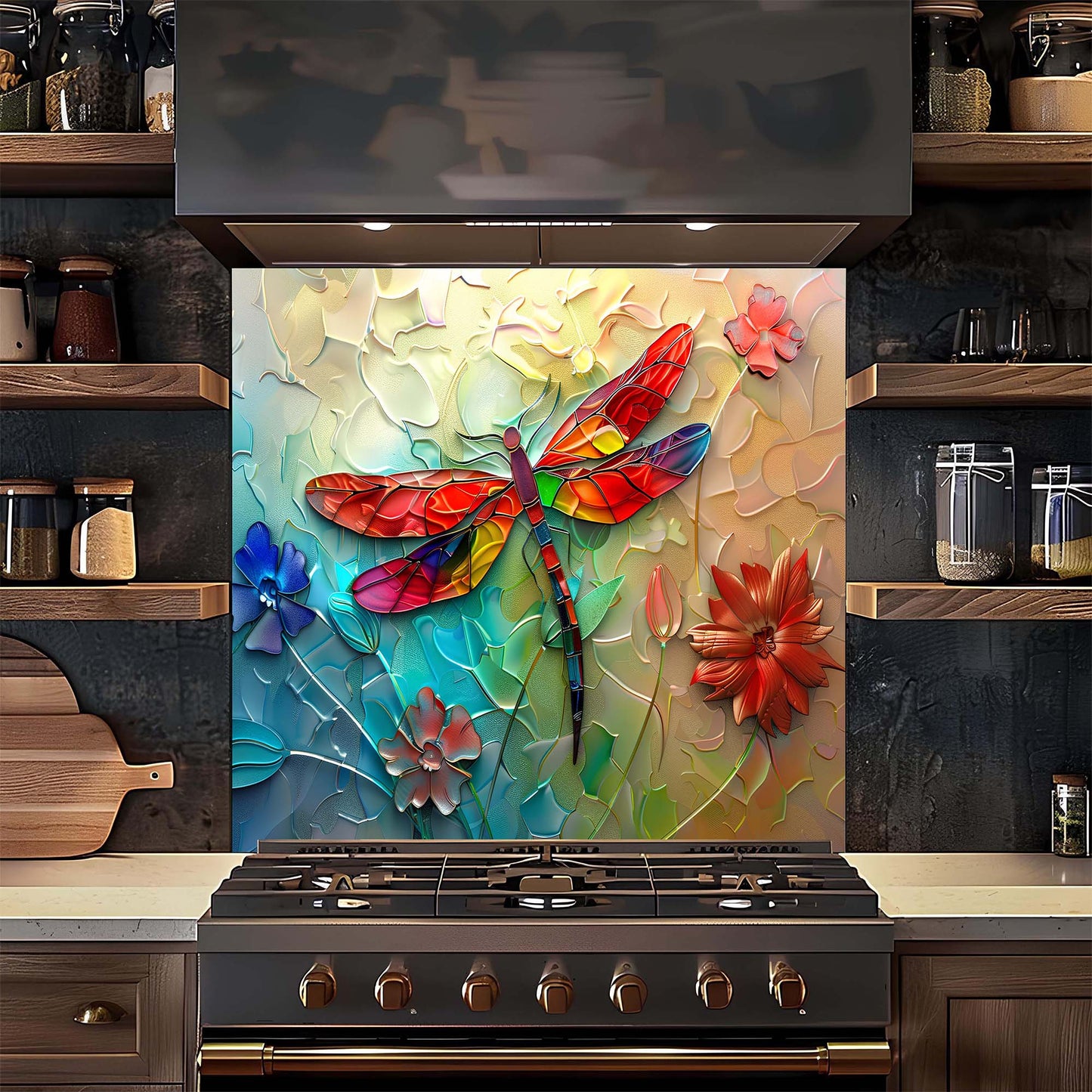 Custom Kitchen Backsplash – Rainbow Dragonfly Tempered Glass Stove Backsplash