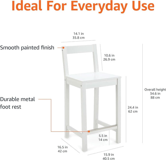 White Wooden Bar Stool With Backrest, Counter Height