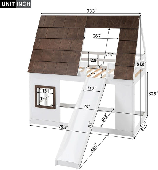 Twin Over Twin House Bunk Bed Frame White Brown With Roof