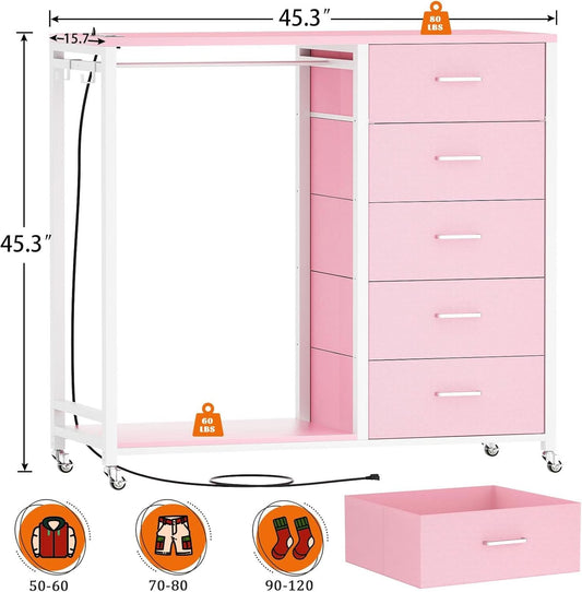 Pink Dresser With Clothes Rack 5 Drawers Charging Station