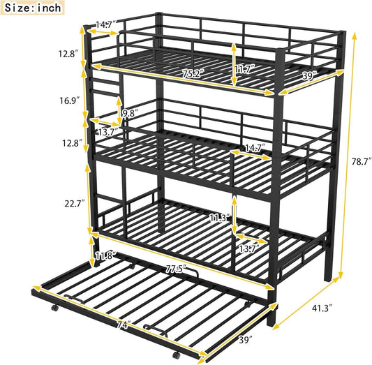 Metal Twin Size Triple Bunk Bed with Trundle, Black for Kids