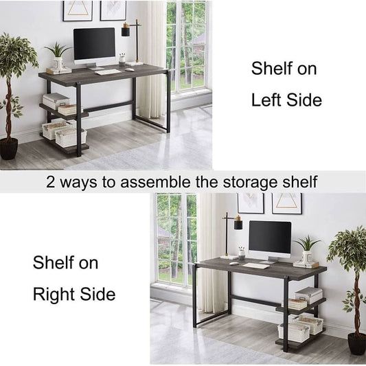Grey Wood Rustic Industrial Computer Desk With Two Shelves