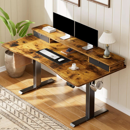 Brown 47.2 Inch Standing Desk Monitor Riser Drawers