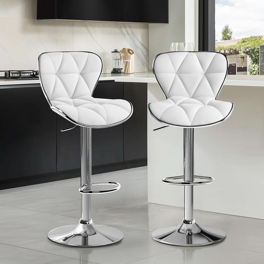 Bar Stools Set Of 2 White PU Leather Adjustable Swivel