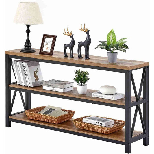 Rustic Wood Console Table With Three Shelves Metal Frame