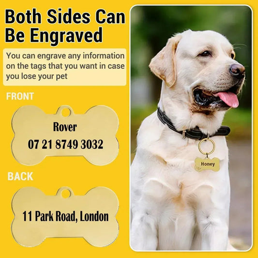 Engraved Pet ID Tag - Personalized Bone Shape Dog Cat Name Tag Gold Silver