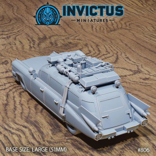 Wraith Hunter's Car by Invictus Miniatures 32mm scale, 100mm, Miniature War Gaming Figure, Games, Ghost Busters, Ecto One, 80s, Movies