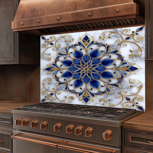 Majestic Sapphire – Tempered Glass Backsplash for Kitchen – Blue & Gold Mandala Splashback