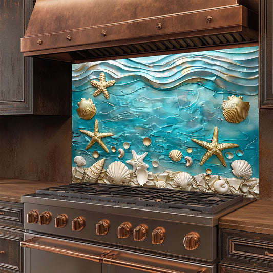 Ocean Breeze – Tempered Glass Backsplash for Kitchen – Coastal Seashell Splashback