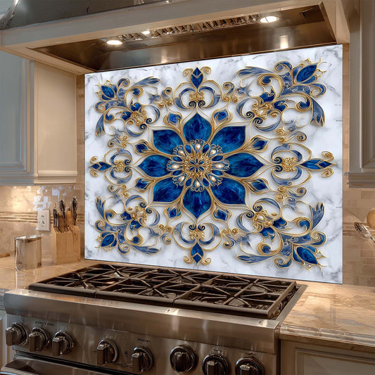Custom Kitchen Backsplash – Royal Sapphire Tempered Glass Stove Backsplash