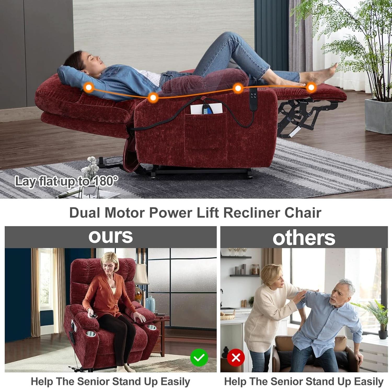 Red 180 Degree Flat Sleeping Electric Dual OKIN Motor Lift Recliner Chair With Heating