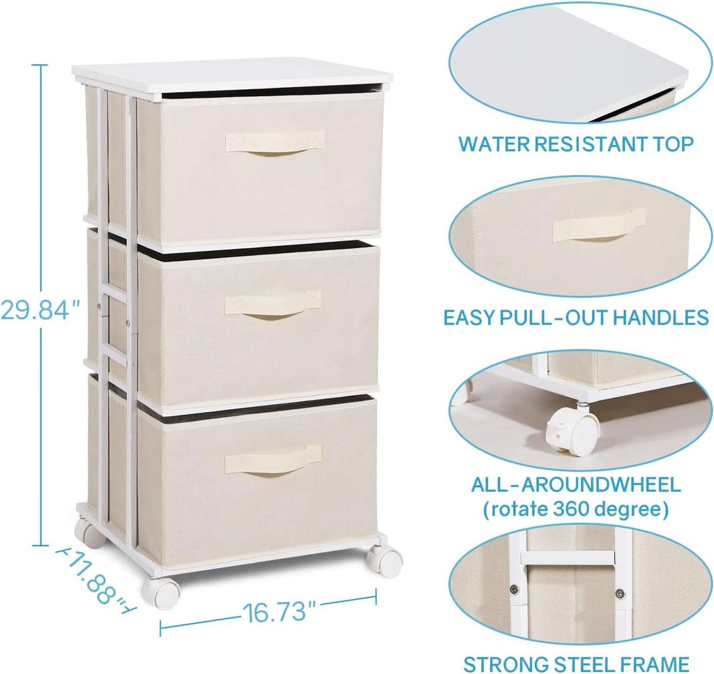 Beige Dresser Tower With 3 Drawers And Wood Top Fabric