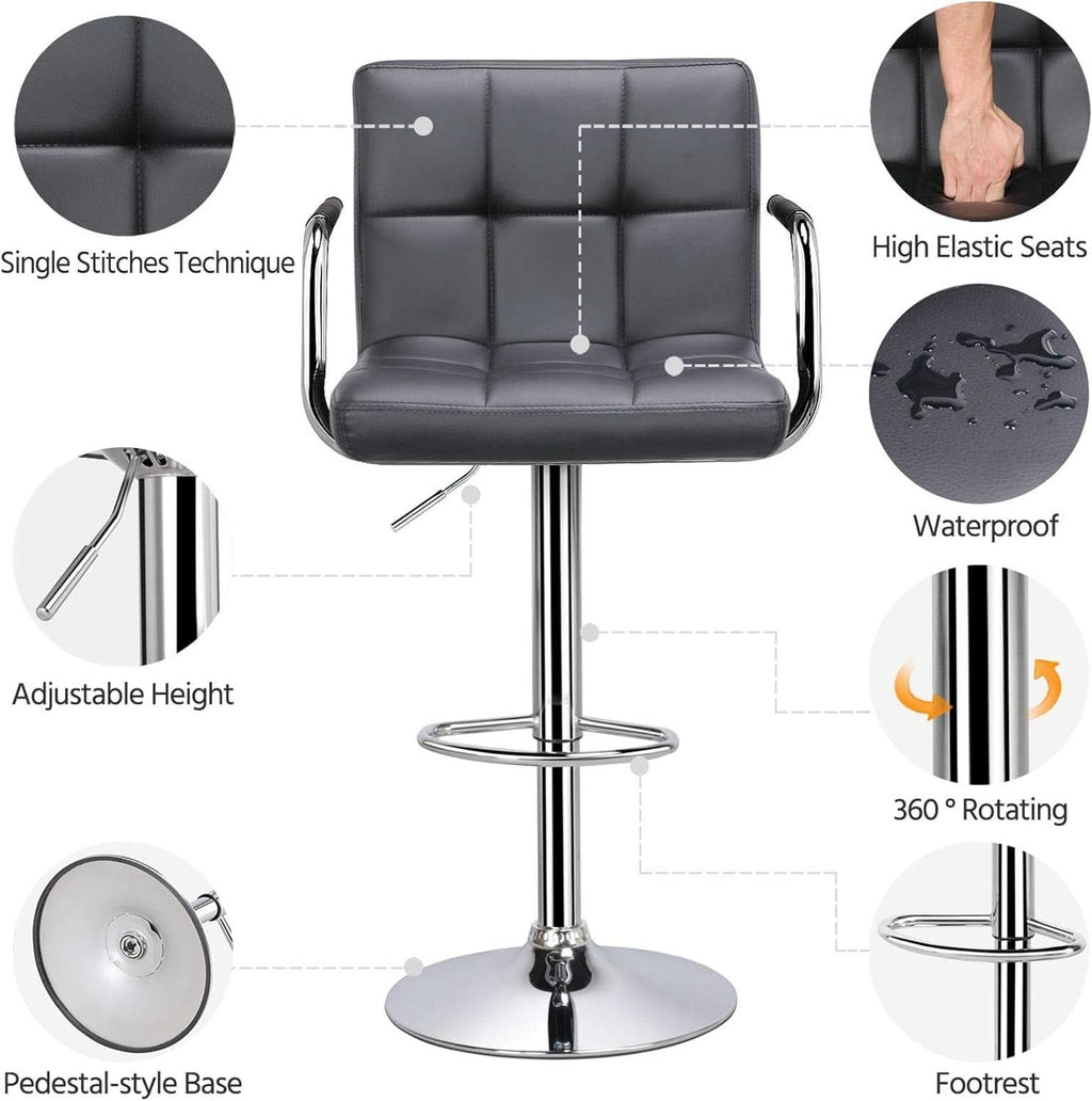 Grey Adjustable PU Leather Swivel Bar Stools Set Of 2