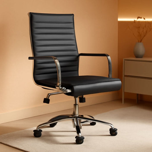 Ribbed Mid Back PU Leather Desk Chair Adjustable Black