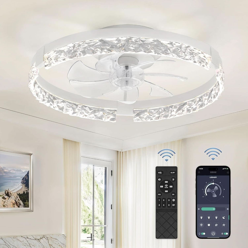 20 Inch White Low Profile Ceiling Fan With Dimmable LED Light Remote Control Flush Mount
