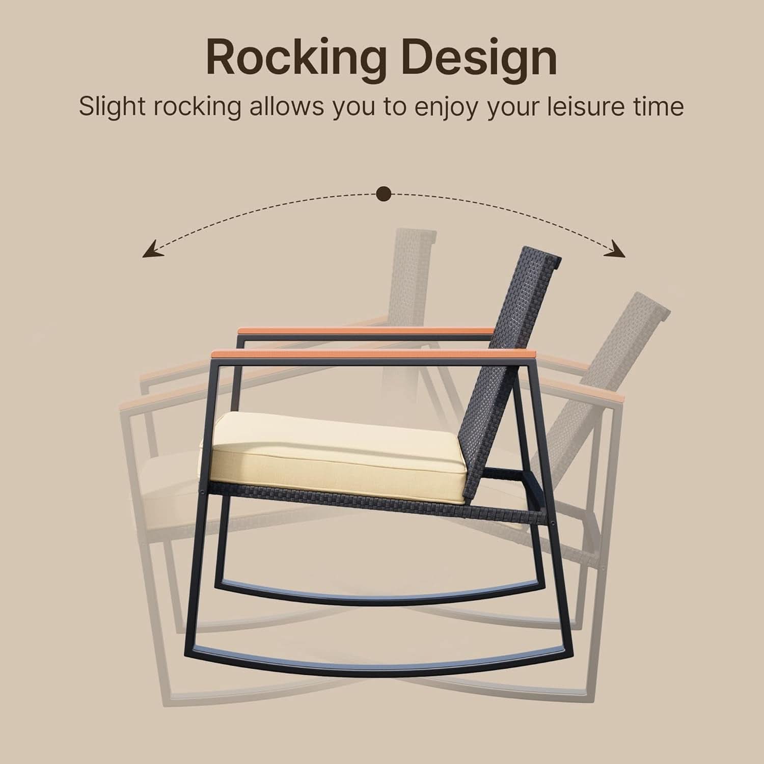 3 Piece Rocking Patio Bistro Set With Anti Scald Armrests Glass Table Cushions Outdoor Wicker Furniture