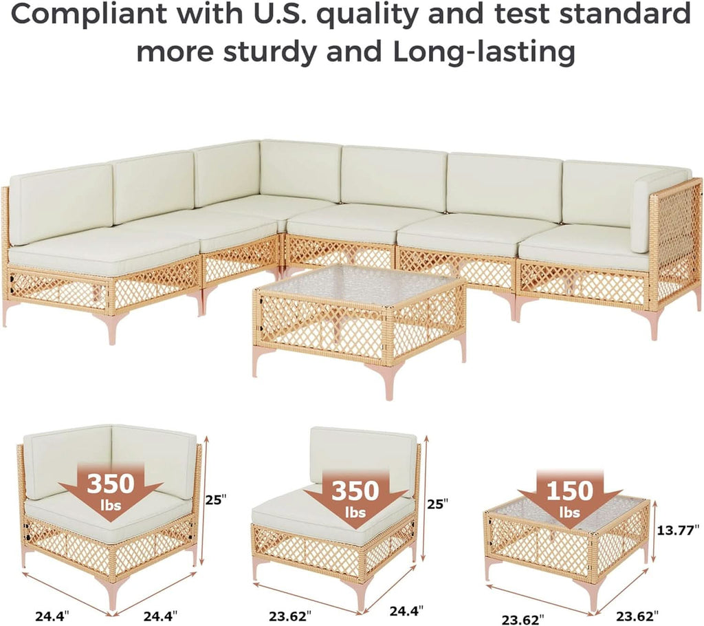 7 Piece Outdoor Wicker Sectional Set With Tempered Glass
