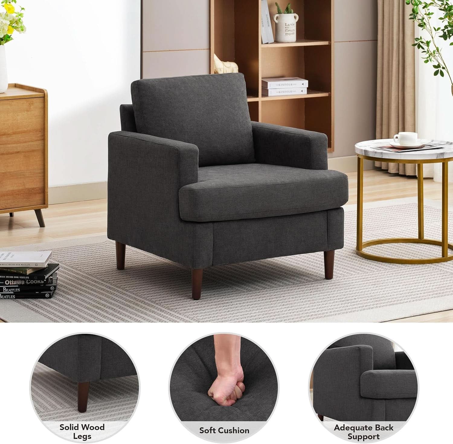 Mid Century Modern Premium Upholstered Armchair Grey
