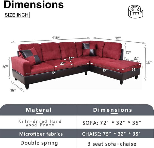 2 Piece Sectional Sofa Set L Shape Microfiber With Chaise Red Right Hand Facing Living Room