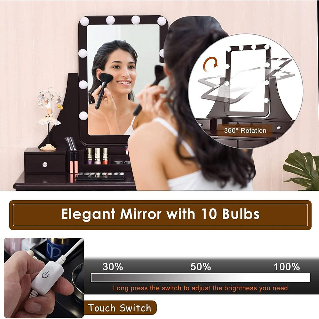 Brown Vanity Table Set With 10 LED Lights For Bedroom